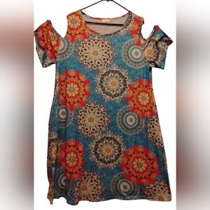 Cold-Shoulder Floral Maxi Dress in Blue and Orange